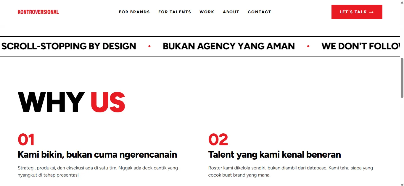 Halaman About: marquee tagline di bagian atas, judul WHY US dua warna, lalu pilar bernomor 01 Kami bikin, bukan cuma ngerencanain dan 02 Talent yang kami kenal beneran