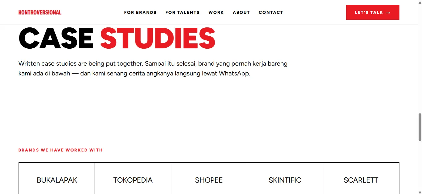 Section case studies di halaman brands: judul dua warna, paragraf yang menjelaskan case study sedang disusun, lalu deretan logo klien Bukalapak, Tokopedia, Shopee, Skintific, dan Scarlett dalam kotak bergaris