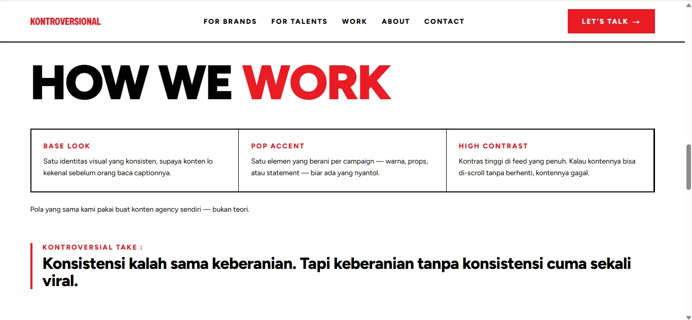 Section HOW WE WORK di halaman brands: tiga kolom berjudul Base Look, Pop Accent, dan High Contrast, diikuti callout Kontroversial Take berlabel merah