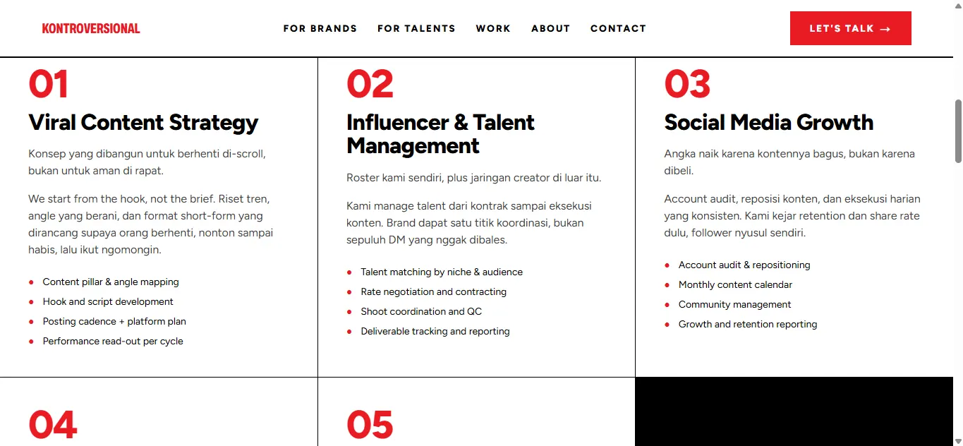 Grid layanan di halaman brands: kartu bernomor 01 Viral Content Strategy, 02 Influencer and Talent Management, 03 Social Media Growth, masing-masing dengan deskripsi dan daftar deliverable berbullet merah