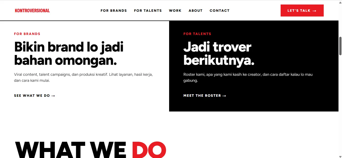 Dua panel bersebelahan di halaman home: panel putih berjudul Bikin brand lo jadi bahan omongan untuk brand, dan panel hitam berjudul Jadi trover berikutnya untuk calon talent