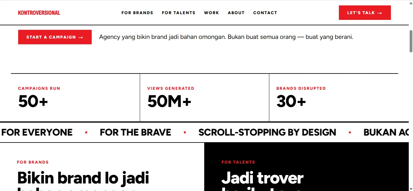Bagian bawah hero home: tombol Start a Campaign, tiga statistik 50+ campaigns, 50M+ views, 30+ brands, lalu strip marquee tagline yang berjalan