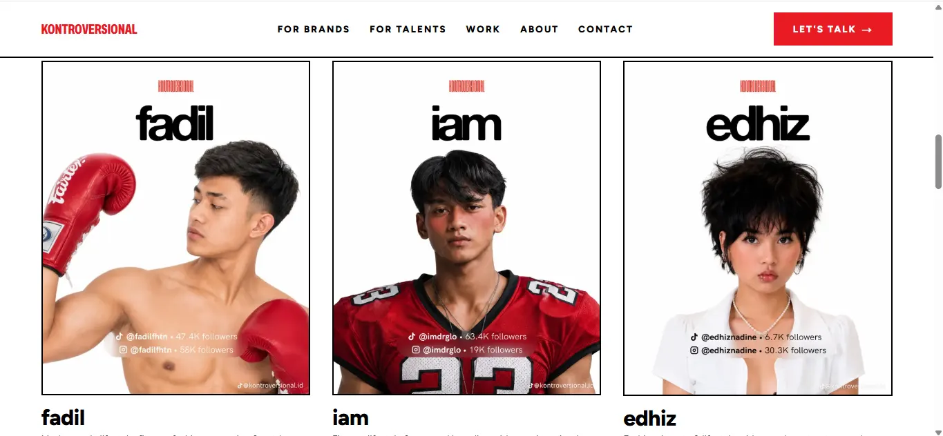 Grid roster talent: tiga kartu bersebelahan untuk fadil, iam, dan edhiz, masing-masing berisi portrait full-bleed dengan wordmark nama huruf kecil dan pill statistik follower TikTok serta Instagram