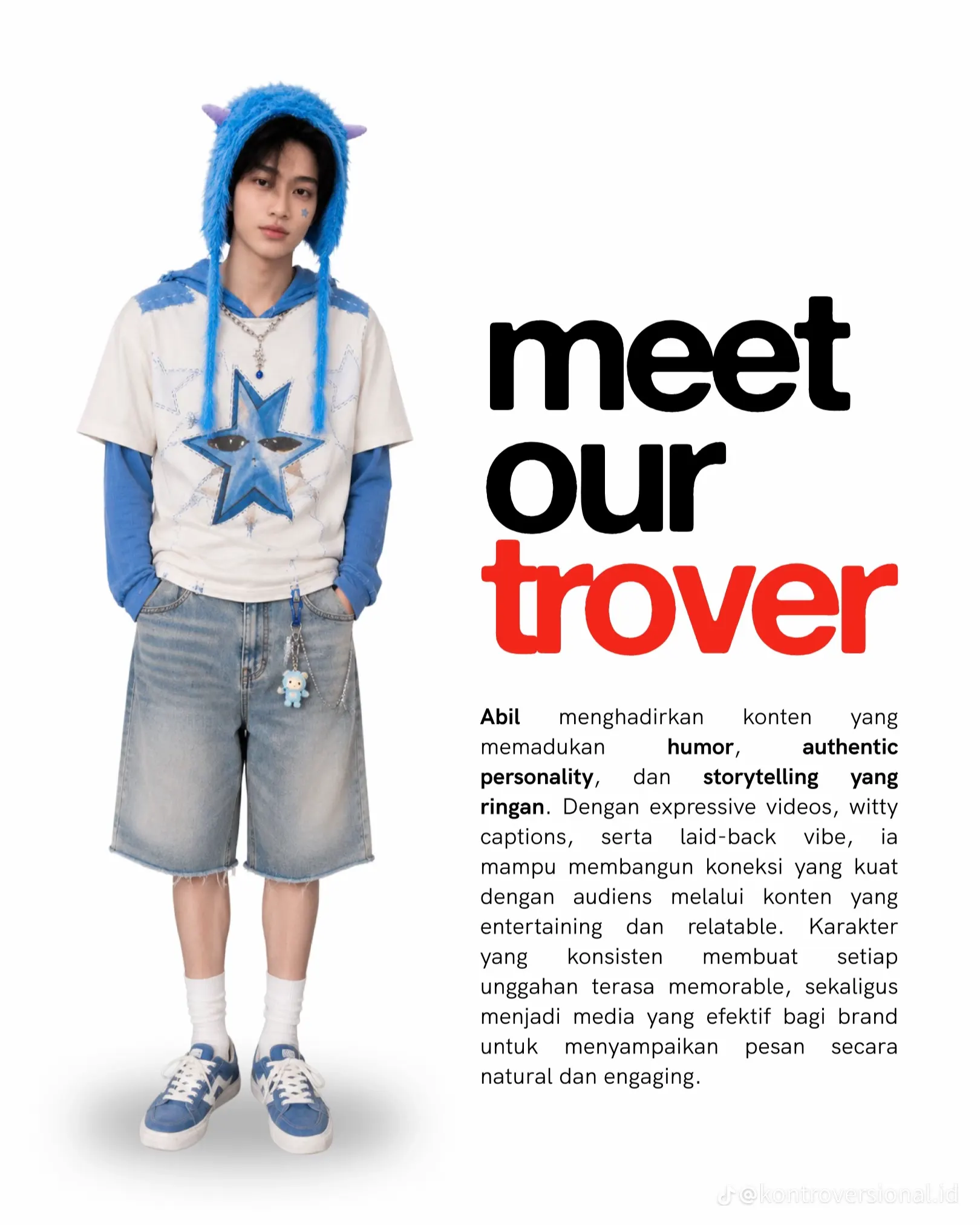 Abil in an editorial full-length shot, styled for humor, authentic personality & laid-back storytelling
